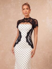 Lumalex Lace Patchwork Contrast Color Fitted Mermaid Hem Short Sleeve Bodycon Dress For Women - Apricot - View 11