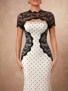 Lumalex Lace Patchwork Contrast Color Fitted Mermaid Hem Short Sleeve Bodycon Dress For Women - Apricot - View 10