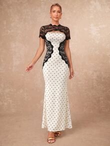Lumalex Lace Patchwork Contrast Color Fitted Mermaid Hem Short Sleeve Bodycon Dress For Women - Apricot - View 5