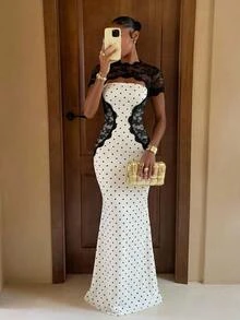 Lumalex Lace Patchwork Contrast Color Fitted Mermaid Hem Short Sleeve Bodycon Dress For Women - Apricot - View 1