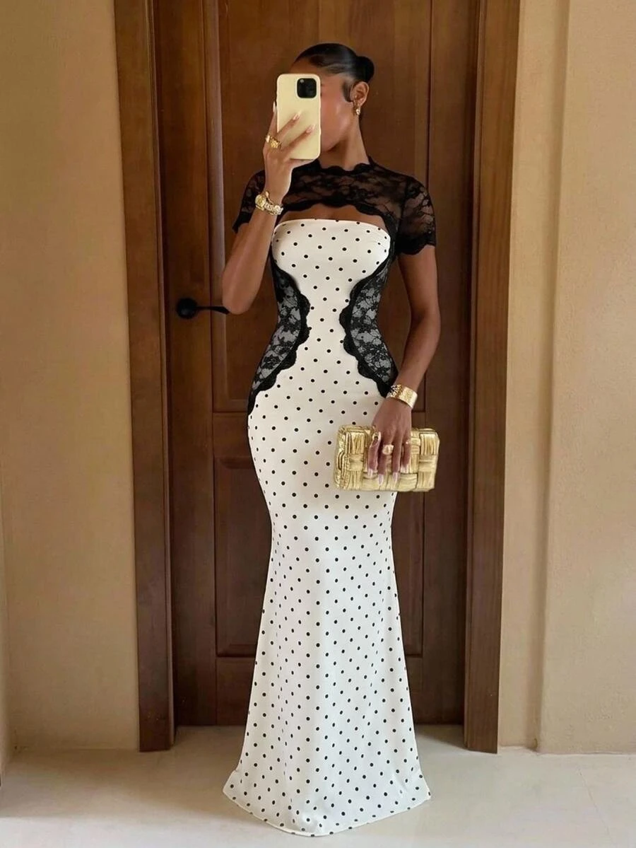 Lumalex Lace Patchwork Contrast Color Fitted Mermaid Hem Short Sleeve Bodycon Dress For Women - Apricot - View 1