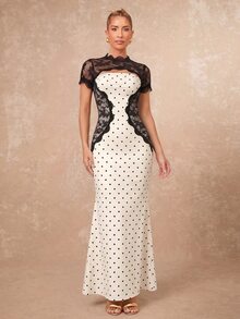 Lumalex Lace Patchwork Contrast Color Fitted Mermaid Hem Short Sleeve Bodycon Dress For Women - Apricot - View 4
