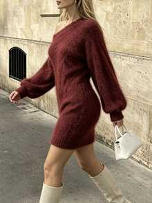 Cévolie Gaun Sweater Lengan Panjang Bahu Asimetris untuk Wanita, Cocok untuk Makan Malam, Sehari-hari, Warna Burgundy, Elegan untuk Musim Gugur - Burgundy - View 4