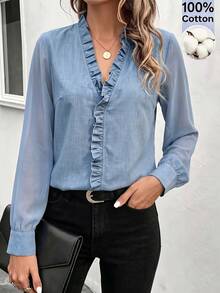 Frill Trim Lantern Sleeve Blouse Office Business Dusty Blue Summer Casual Elegant - Blue - View 3