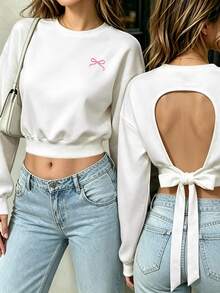 Cévolie Autumn Fashion Casual Daily Versatile Bow Print Front Solid Color Round Neck Pullover Short Waist Cinched Back Tie Backless Design Minimalist French Style Women's Sweatshirt - White - View 7