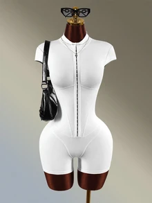 Amplova Women's Solid Color Front Button Cap Sleeve Casual Sports Romper - White - View 10