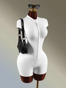 Amplova Women's Solid Color Front Button Cap Sleeve Casual Sports Romper - White - View 4