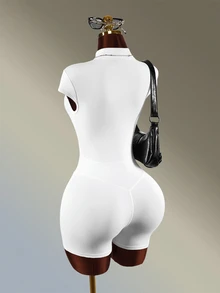 Amplova Women's Solid Color Front Button Cap Sleeve Casual Sports Romper - White - View 6