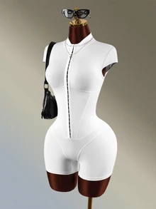 Amplova Women's Solid Color Front Button Cap Sleeve Casual Sports Romper - White - View 3