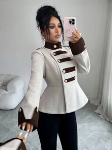 Elenzga 女款秋季時尚休閒優雅立領拿破崙風燕麥色對比棕色收腰設計，適合日常通勤辦公 - 卡其色 - 查看 6