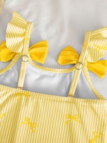 SHEIN Young Girl Bowknot Striped Print Flutter Sleeve One-Piece Swimwear With Cover-Up Skirt - Yellow - View 9