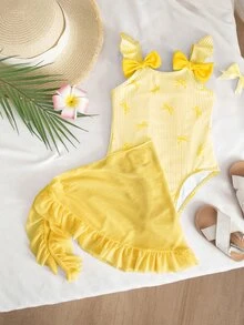 SHEIN Young Girl Bowknot Striped Print Flutter Sleeve One-Piece Swimwear With Cover-Up Skirt - Yellow - View 3