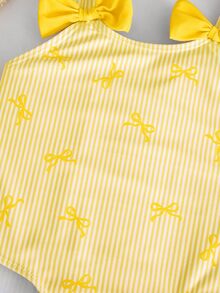 SHEIN Young Girl Bowknot Striped Print Flutter Sleeve One-Piece Swimwear With Cover-Up Skirt - Yellow - View 8
