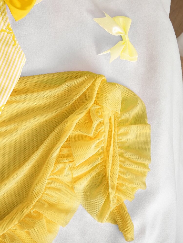 SHEIN Young Girl Bowknot Striped Print Flutter Sleeve One-Piece Swimwear With Cover-Up Skirt - Yellow - View 7