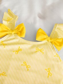 SHEIN Young Girl Bowknot Striped Print Flutter Sleeve One-Piece Swimwear With Cover-Up Skirt - Yellow - View 5
