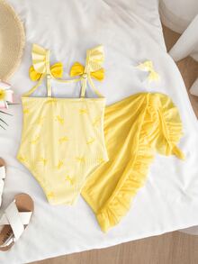 SHEIN Young Girl Bowknot Striped Print Flutter Sleeve One-Piece Swimwear With Cover-Up Skirt - Yellow - View 2