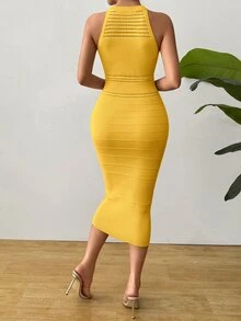 SHEIN Clasi 女款無袖休閒極簡紋理鏤空壓褶針織洋裝 - 芥末黃 - 查看 2