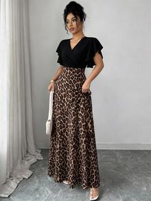 Elenzga Women's Spring/Summer Elegant Burgundy Red Leaf Pattern Pleated Flutter Sleeve Fitted Slim Fit Dress - Multicolor - View 3
