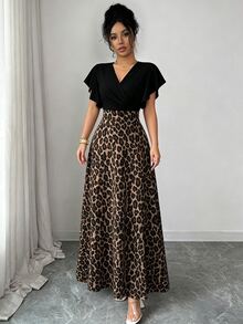 Elenzga Women's Spring/Summer Elegant Burgundy Red Leaf Pattern Pleated Flutter Sleeve Fitted Slim Fit Dress - Multicolor - View 6