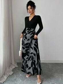 Elenzga 女款春夏/秋冬通勤早午餐辦公室復古成熟極簡優雅黑色拼接長袖V領收腰葉子印花A字洋裝 - 彩色 - 查看 3