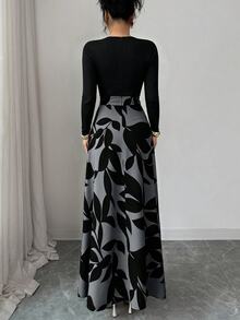 Elenzga 女款春夏/秋冬通勤早午餐辦公室復古成熟極簡優雅黑色拼接長袖V領收腰葉子印花A字洋裝 - 彩色 - 查看 2