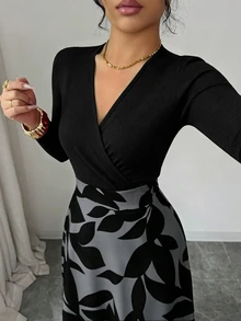Elenzga 女款春夏/秋冬通勤早午餐辦公室復古成熟極簡優雅黑色拼接長袖V領收腰葉子印花A字洋裝 - 彩色 - 查看 7