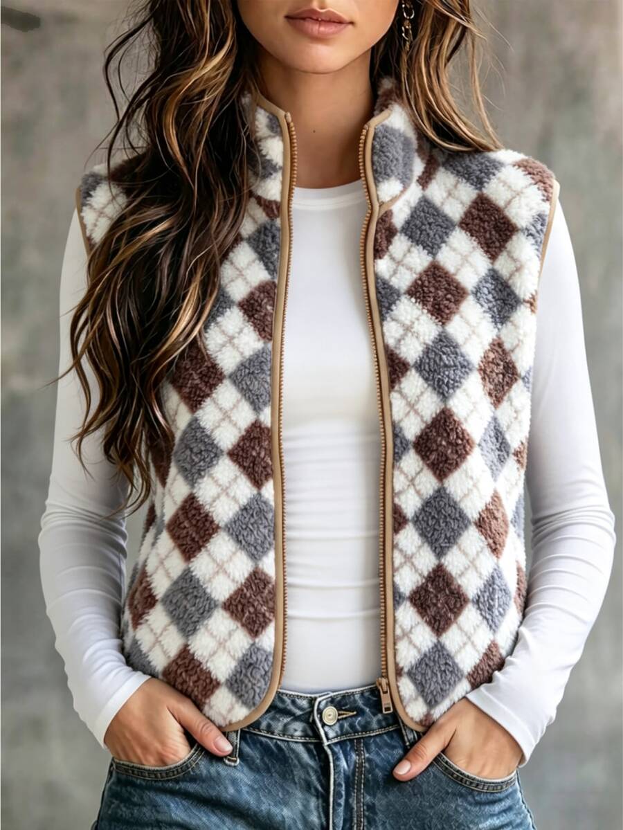 Zayélia Fall Clothes FOR WomenWomen's Diamond Quilted Zipper Front Casual Vest Regular Fit Outerwear - Multicolor - View 1