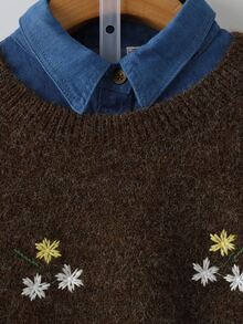 SHEIN LUNE Women's Floral Embroidered Pattern Crew Neck Casual Everyday Pullover Sweater - Brown - View 6