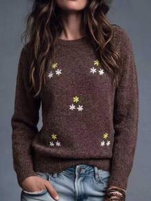 SHEIN LUNE Women's Floral Embroidered Pattern Crew Neck Casual Everyday Pullover Sweater - Brown - View 1