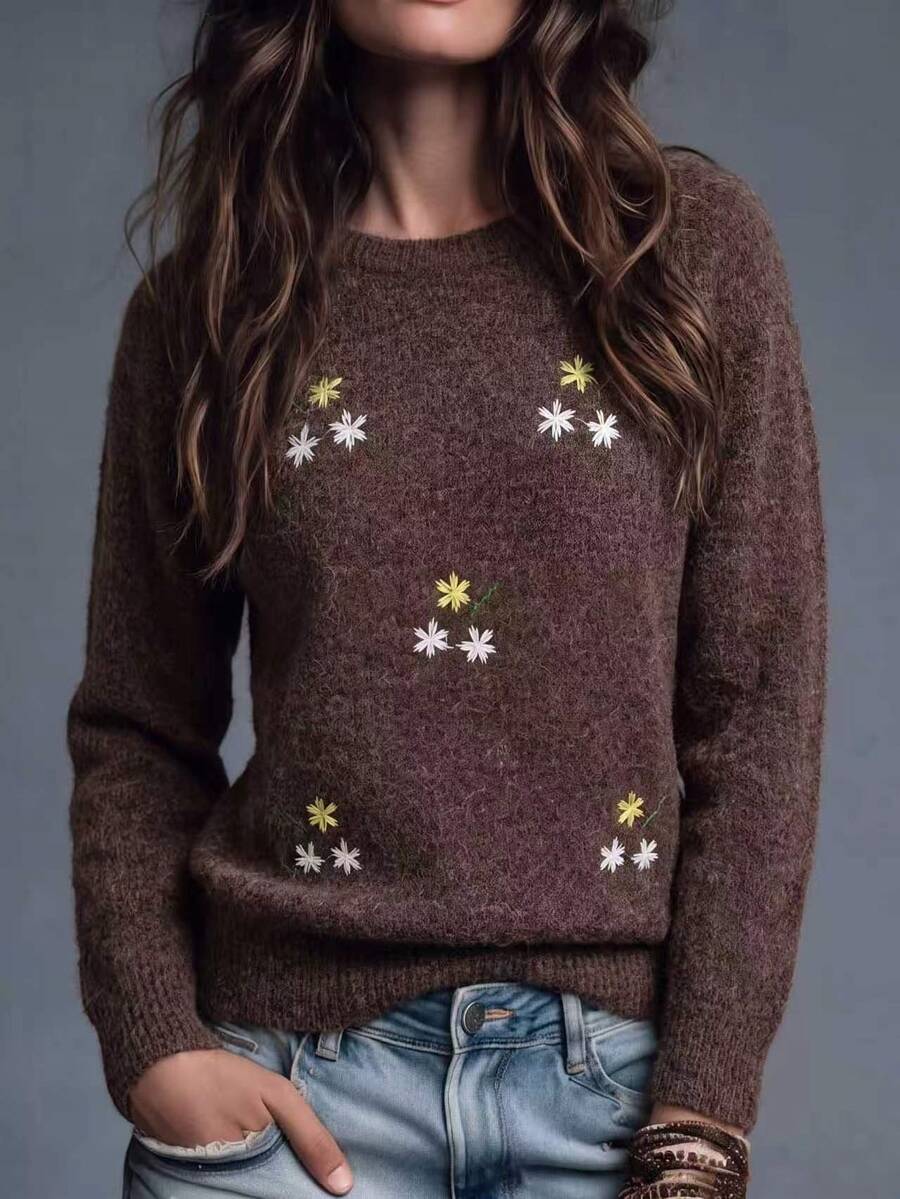 SHEIN LUNE Women's Floral Embroidered Pattern Crew Neck Casual Everyday Pullover Sweater - Brown - View 1