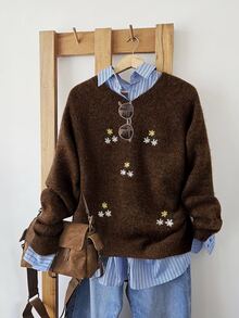 SHEIN LUNE Women's Floral Embroidered Pattern Crew Neck Casual Everyday Pullover Sweater - Brown - View 4