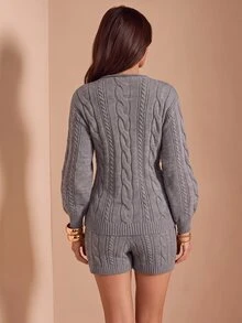 Bluhae Women's Solid Color Long Sleeve Top & Shorts Knit Two Pieces Set - Grey - View 2