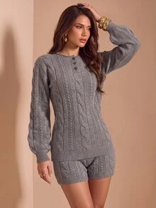 Bluhae Women's Solid Color Long Sleeve Top & Shorts Knit Two Pieces Set - Grey - View 4
