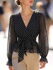 SHEIN Polka Dot Print Flounce Sleeve Belted Top - Black and White - View 5