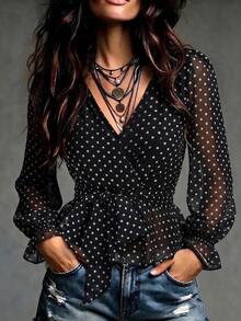SHEIN Polka Dot Print Flounce Sleeve Belted Top - Black and White - View 1