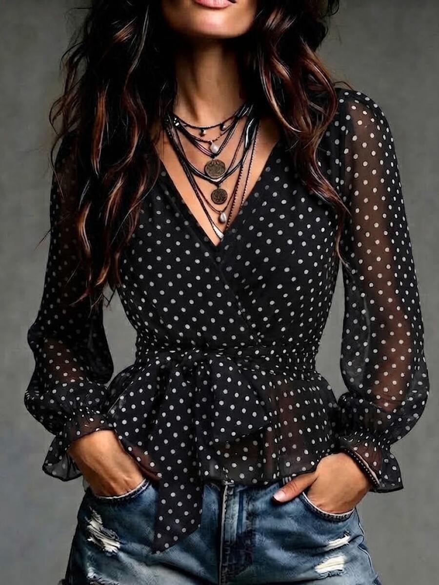SHEIN Polka Dot Print Flounce Sleeve Belted Top - Black and White - View 1