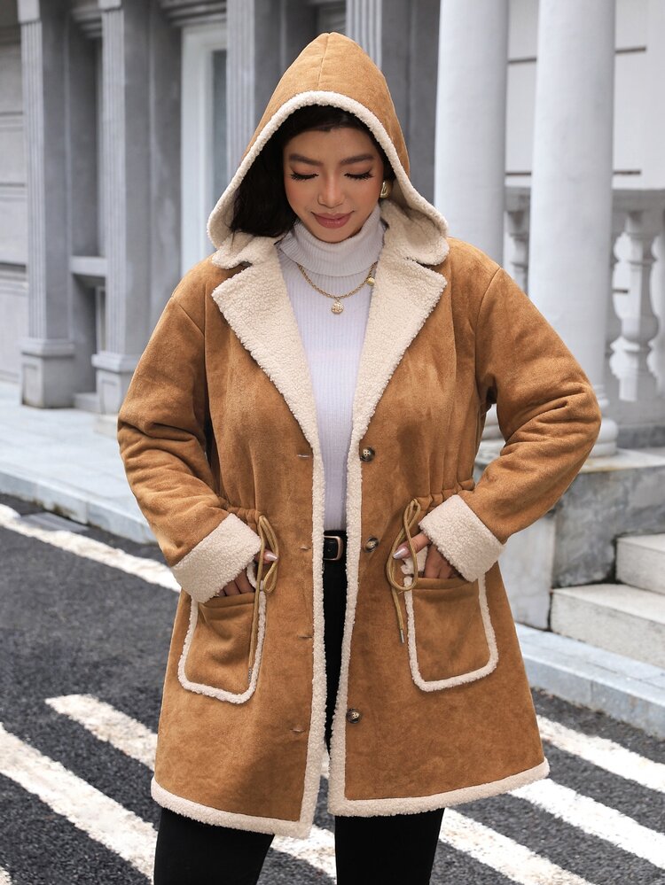 Easowa Curve Plus Size Women's Lapel Neck Long Sleeve Drawstring Waist Casual Thermal Lined Jacket Winter - Mocha Brown - View 6