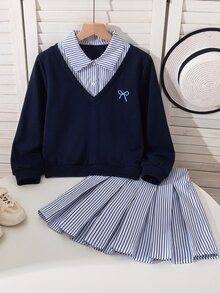 SHEIN 女童休閒可愛學院風春夏新款蝴蝶結條紋素色長袖2合1衛衣＋百褶裙套裝 - 藍色 - 查看 3