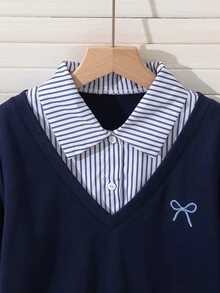 SHEIN 女童休閒可愛學院風春夏新款蝴蝶結條紋素色長袖2合1衛衣＋百褶裙套裝 - 藍色 - 查看 4