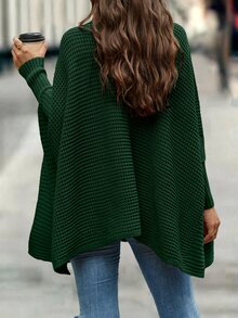 SHEIN LUNE Turtleneck Batwing Sleeve Poncho Sweater,Long Sleeve Tops Knit Pullover Fall Winter Sweater - Dark Green - View 2