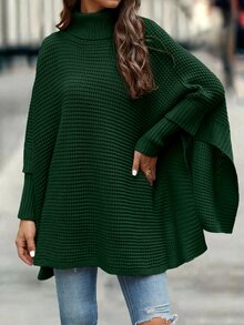 SHEIN LUNE Turtleneck Batwing Sleeve Poncho Sweater,Long Sleeve Tops Knit Pullover Fall Winter Sweater - Dark Green - View 5