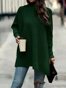 SHEIN LUNE Turtleneck Batwing Sleeve Poncho Sweater,Long Sleeve Tops Knit Pullover Fall Winter Sweater - Dark Green - View 6