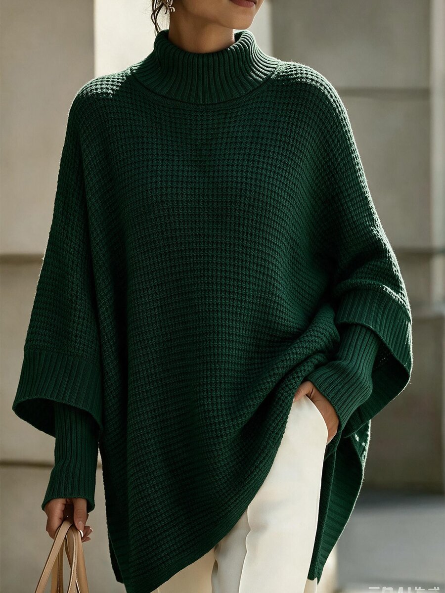 SHEIN LUNE Turtleneck Batwing Sleeve Poncho Sweater,Long Sleeve Tops Knit Pullover Fall Winter Sweater - Dark Green - View 1