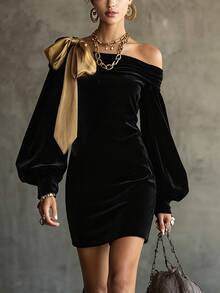 LUMIGAL Women's Autumn New Black Velvet & Gold Satin Patchwork Bow Off-Shoulder Mini Dress - Black - View 3