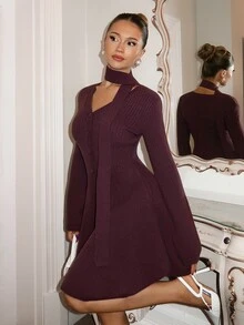 Glamine Charm Women's Solid Color Long Sleeve Button Half-Placket Casual Knit Dress - Red Violet - View 4