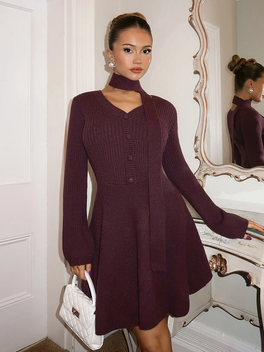 Glamine Charm Women's Solid Color Long Sleeve Button Half-Placket Casual Knit Dress - Red Violet - View 1