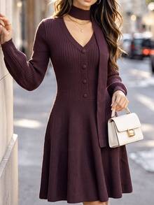 Glamine Charm Women's Solid Color Long Sleeve Button Half-Placket Casual Knit Dress - Red Violet - View 5