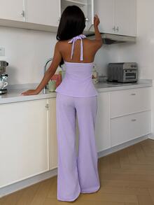 ZzzCrew Solid Color Jacquard Pajama Pants Set - Purple - View 2