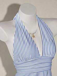 SHEIN ICON 休闲复古优雅通勤百搭蓝白条纹印花露背上衣，适合春夏穿着，舒适透气，是夏季度假和海滩休闲的理想之选。 - 彩色 - 查看 6