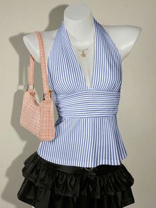 SHEIN ICON 休闲复古优雅通勤百搭蓝白条纹印花露背上衣，适合春夏穿着，舒适透气，是夏季度假和海滩休闲的理想之选。 - 彩色 - 查看 5